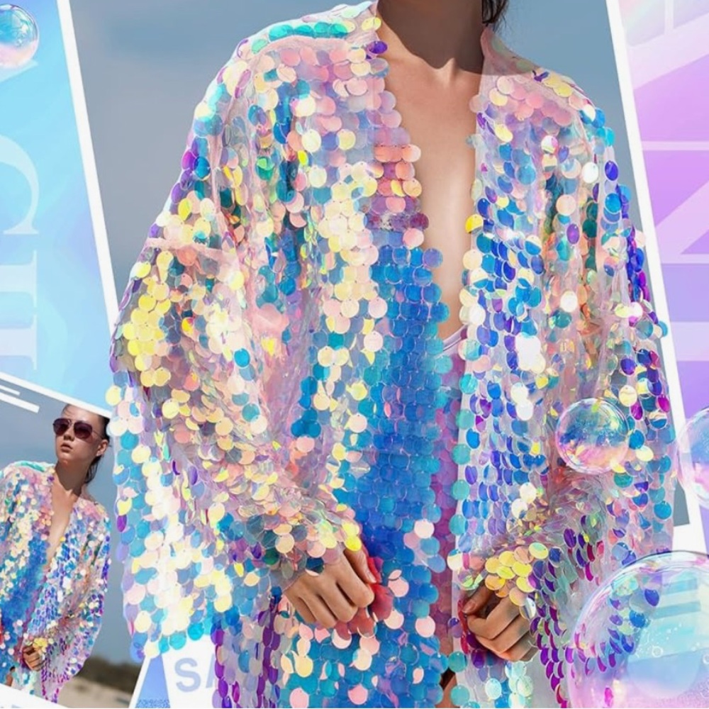 Long iridescent sequin kimono kaftan vintage jacket coat hologram festival rave - Picture 2 of 4